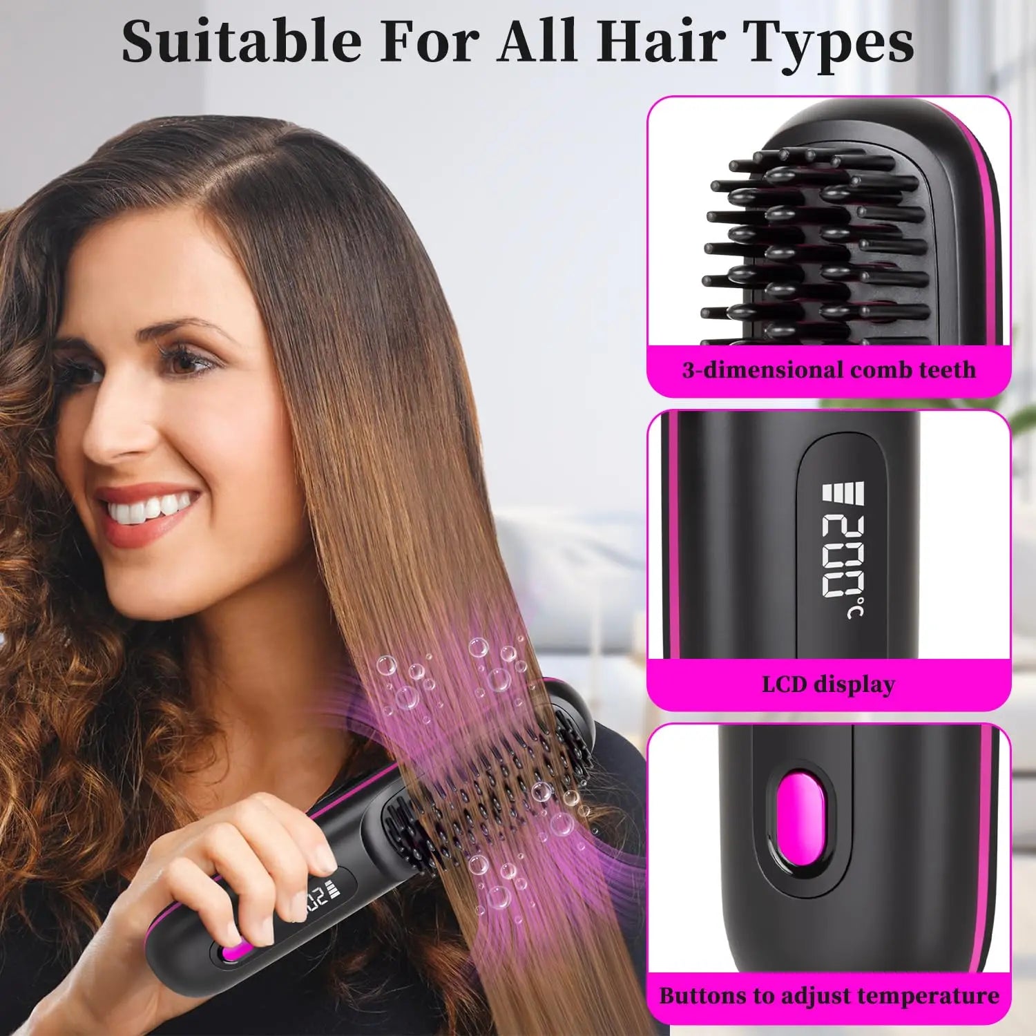 Cordless Hair Straightener Brush | Ionic Ceramic, LED Display & USB Rechargeable