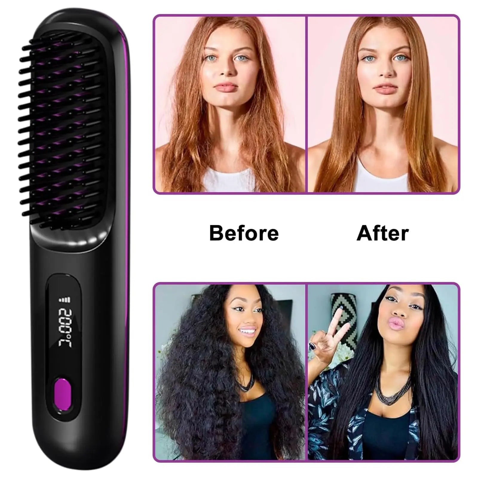 Cordless Hair Straightener Brush | Ionic Ceramic, LED Display & USB Rechargeable