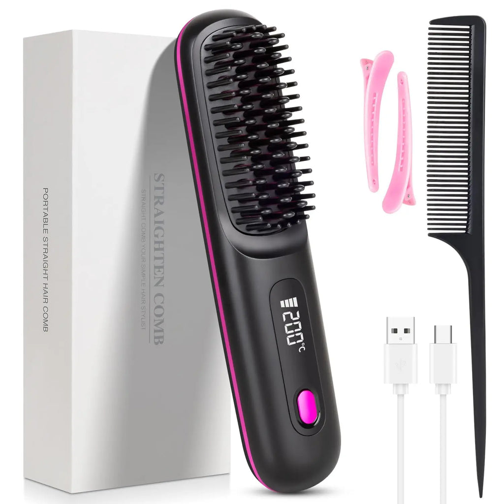 Cordless Hair Straightener Brush | Ionic Ceramic, LED Display & USB Rechargeable