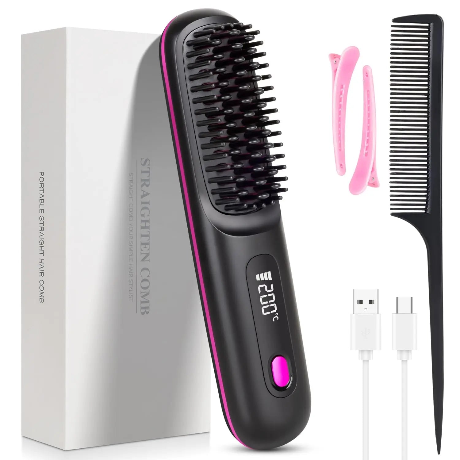 Cordless Hair Straightener Brush | Ionic Ceramic, LED Display & USB Rechargeable