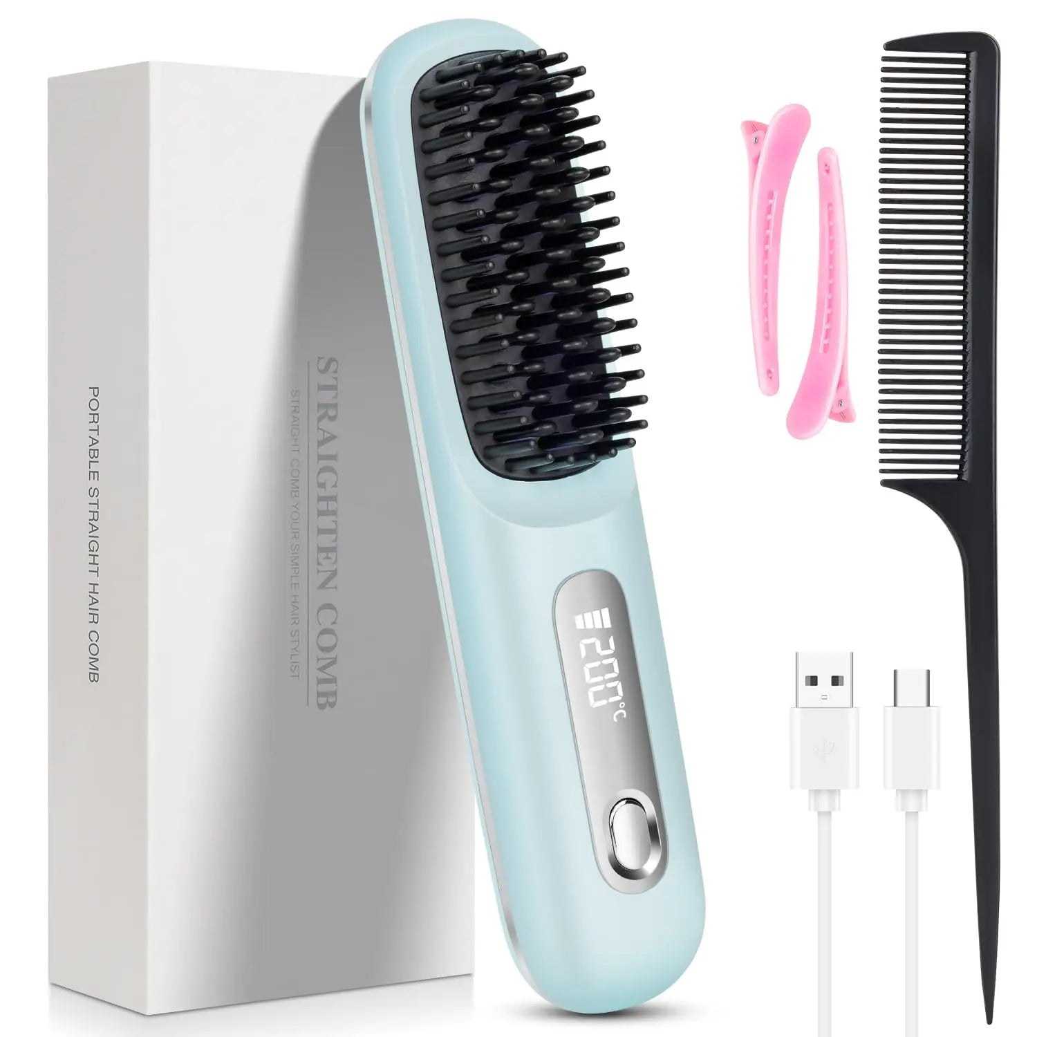 Cordless Hair Straightener Brush | Ionic Ceramic, LED Display & USB Rechargeable