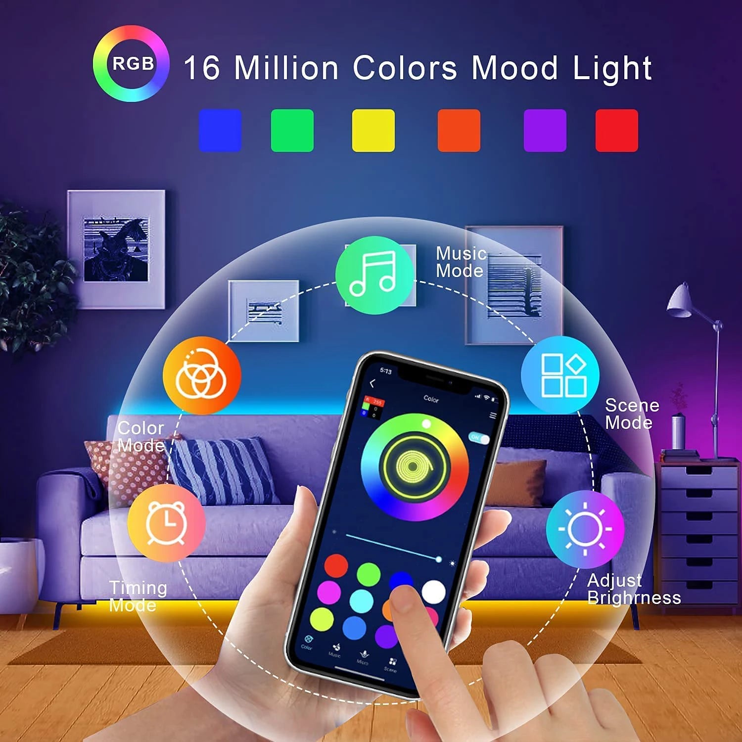 RGB LED Strip Lights | Music Sync, App & Remote Control, Color Changing